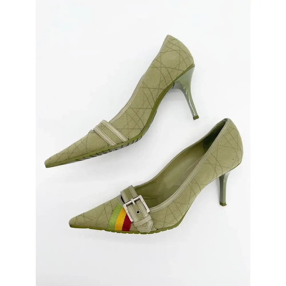 Christian Dior Vintage Green Cannage Rasta Pointed Toe Buckle Pumps Heels EU 37